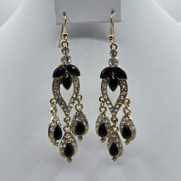 Charming Charlie Crystal Chandelier Earrings Black Clear Gold - Picture 5 of 5